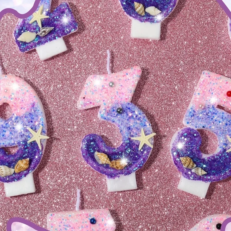 Mermaid Number Candles  Glitter Cake Toppers for Girls Birthday Party Under The Sea Decorations Princess Themed Celebration image 2