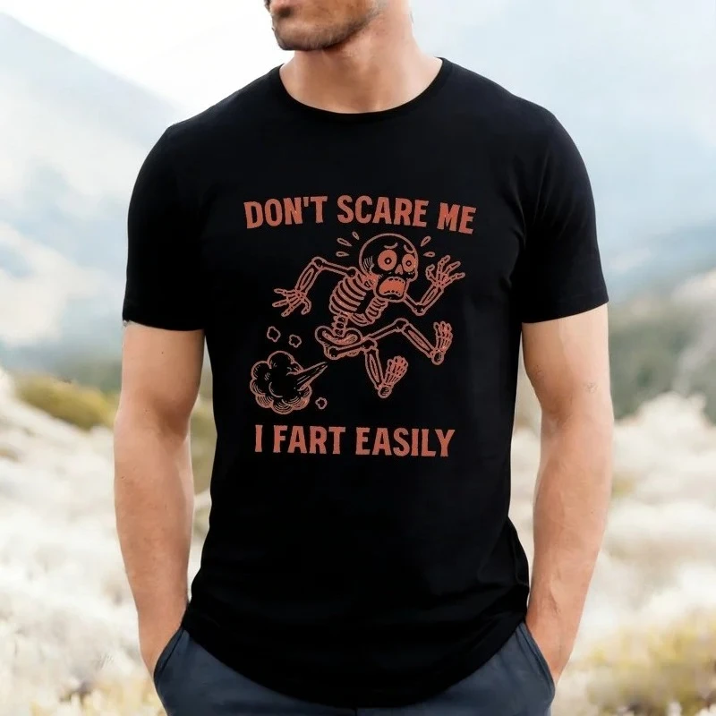 Funny Skeleton Graphic T‑Shirt for Men Don't Scare Me I Fart Easily Humor Joke Short Sleeve Tee Halloween Casual Unisex Tops