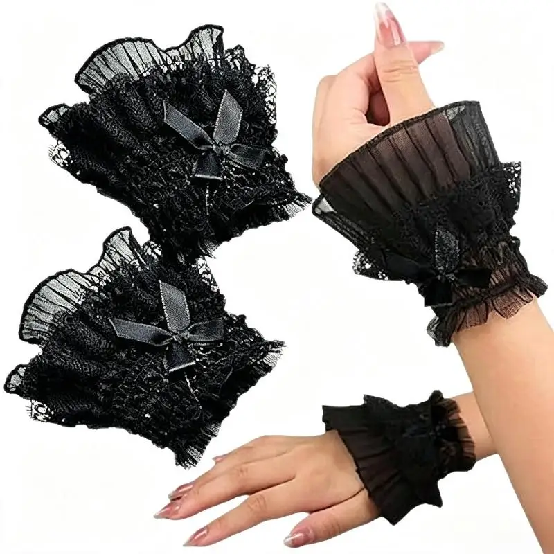 1 Pair Gothic Lolita Hand Wrist Cuffs Bowknot LaceTrim Maid Cosplay Accessories For Women Girl Party