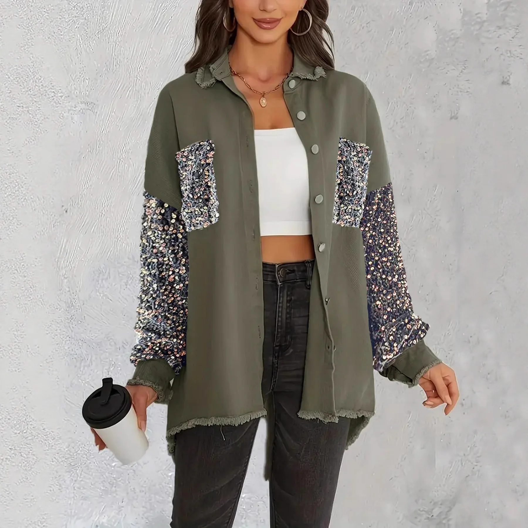 Autumn New Fashion Sequined Women Denim Jacket Simple Splicing Female Casual Fringed Jackets