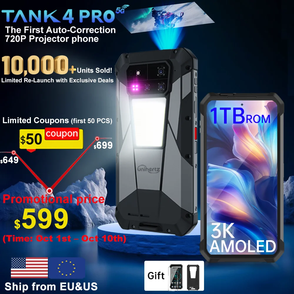 【World premiere】Unihertz by 8849 Tank 4 pro Smartphone 5G with 720P Projector Dimensity 8300 36GB+1TB Cellphone 3k AMOLED