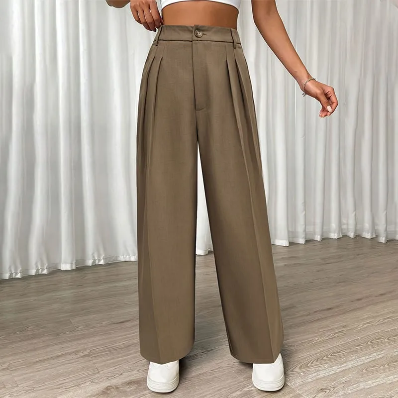 Solid Color Women's Straight Leg Casual Pants Khaki 2024 New Pants Button Zipper High Waist Pleated Wide Leg Autumn Pants Ladies