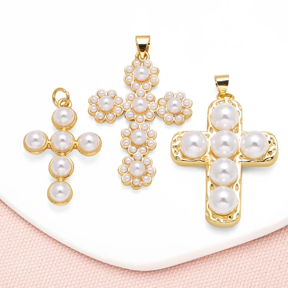OCESRIO Eleganter weißer Perlen-Kreuz-Anhänger für Halskette, Kupfer, vergoldet, Kruzifix, handgefertigt, DIY-Schmuckherstellung, Zubehör pdta091