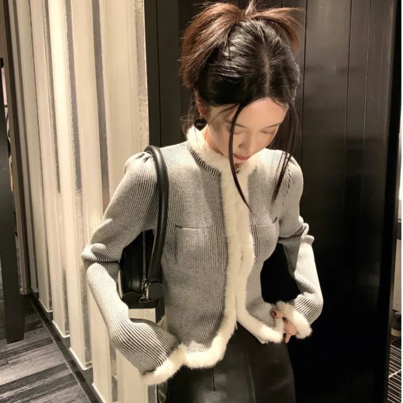 Half High Neck Zip Long Sleeve Cardigan Women 2023 Spring Autumn New Fashion Slim Fit Short Outerwear Elegant Grey Coat Female