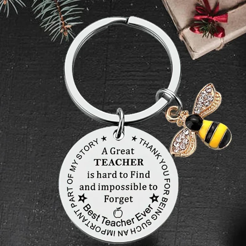 Cute Thank You Teacher Keychain Pendant Insect Enamel Bee Key Chain Keyring Honeybee A Great Teacher Is Hard To Find