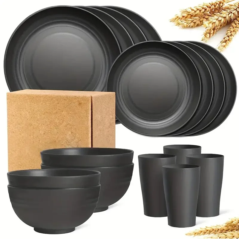 Wheat Straw Tableware Set Kitchen Supplies Water Cup Bowls Plate Play Saucer Plastic Dishes and Plates Dinnerware 16pcs/Set