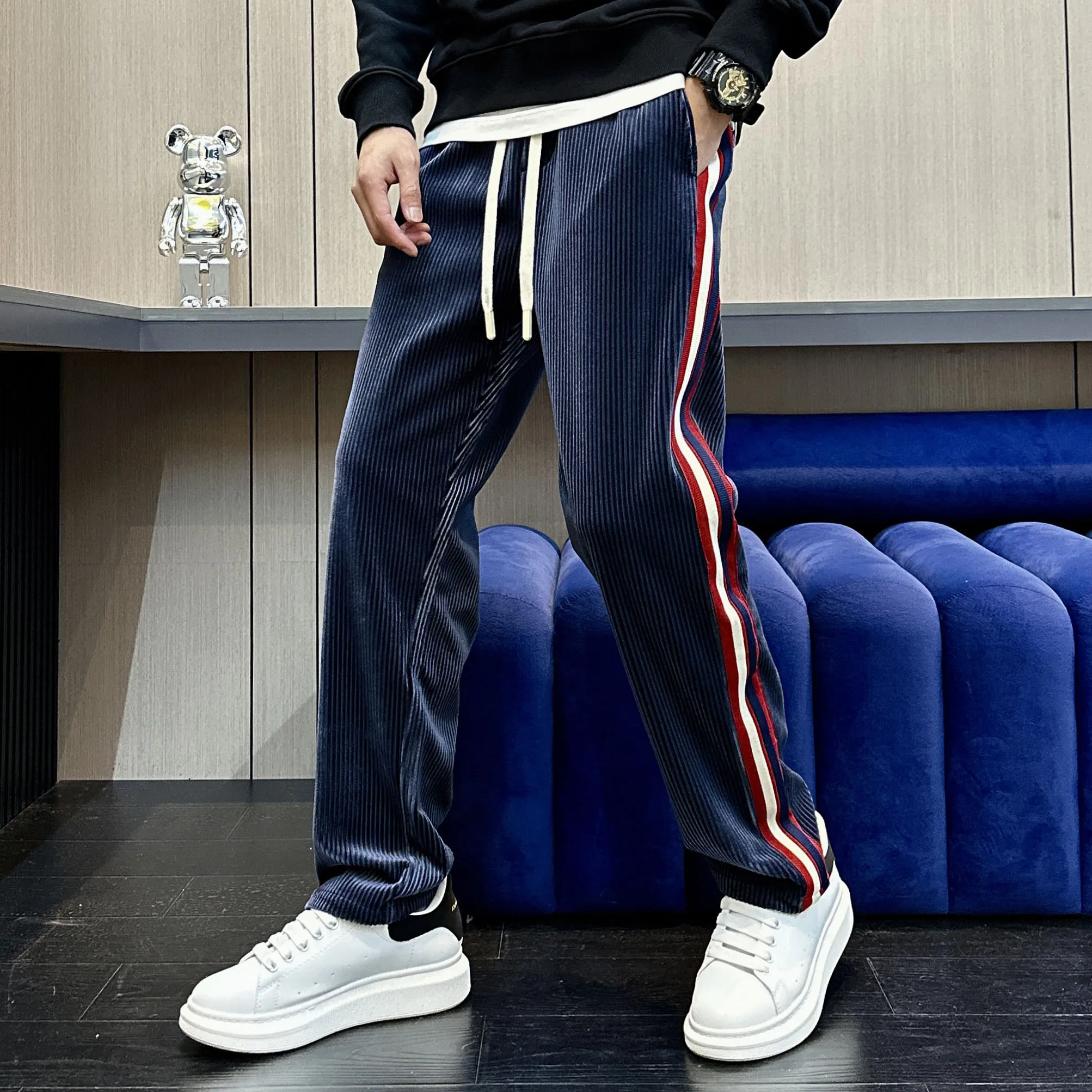 

Зимние мужские спортивные брюки из вельвета с полосками и пэчворком, свободного прямого кроя, утепленные, модные, длинные, повседневные