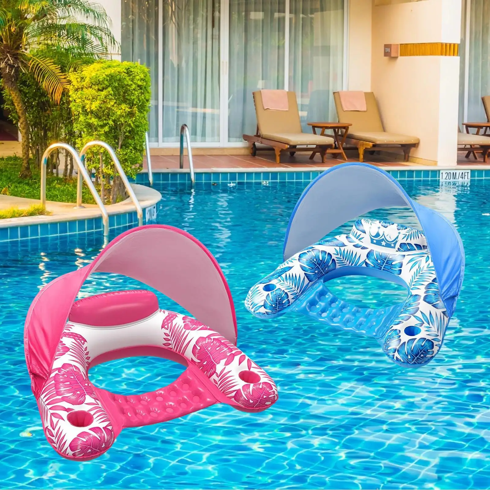 Flotteur de piscine gonflable avec auvent pour adultes, radeau robuste avec support, flotteur d'eau pour la natation, la rivière, la plage et l'extérieur