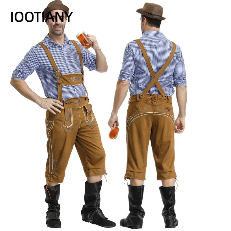 

IOOTIANY M-XXL 3Pcs/Set Oktoberfest Bavarian Beer Costume Mens Lederhosen Suspenders Shorts+Shirt+Hat New