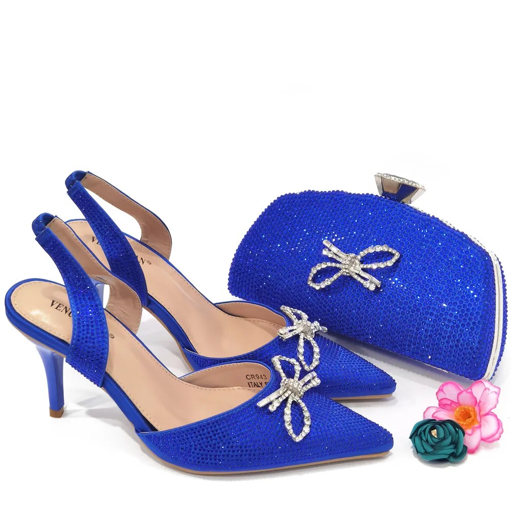 

Italian Fashion Besign 2024 R.Blue Glass Heel Pointed Ladies Shoes And Decorate With Crystals Dual-use Bags Wedding Party