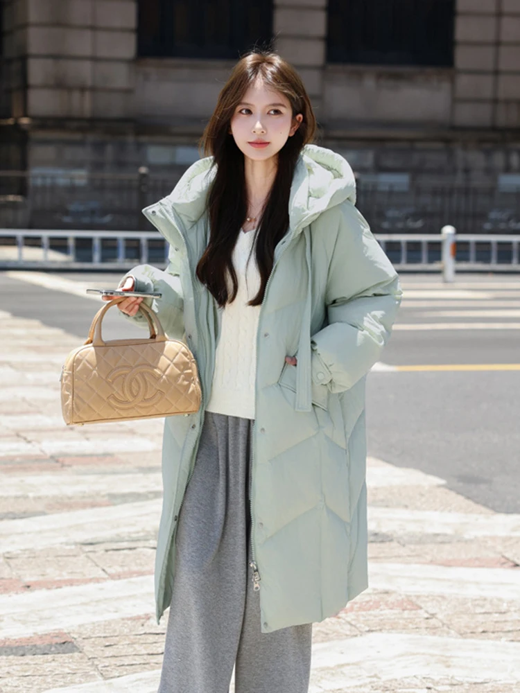 Winter Solid Loose Hooded Mid Length Down Jacket Female Thick Warm Parker Outwears Women White Duck Down Waterproof Down Jackets
