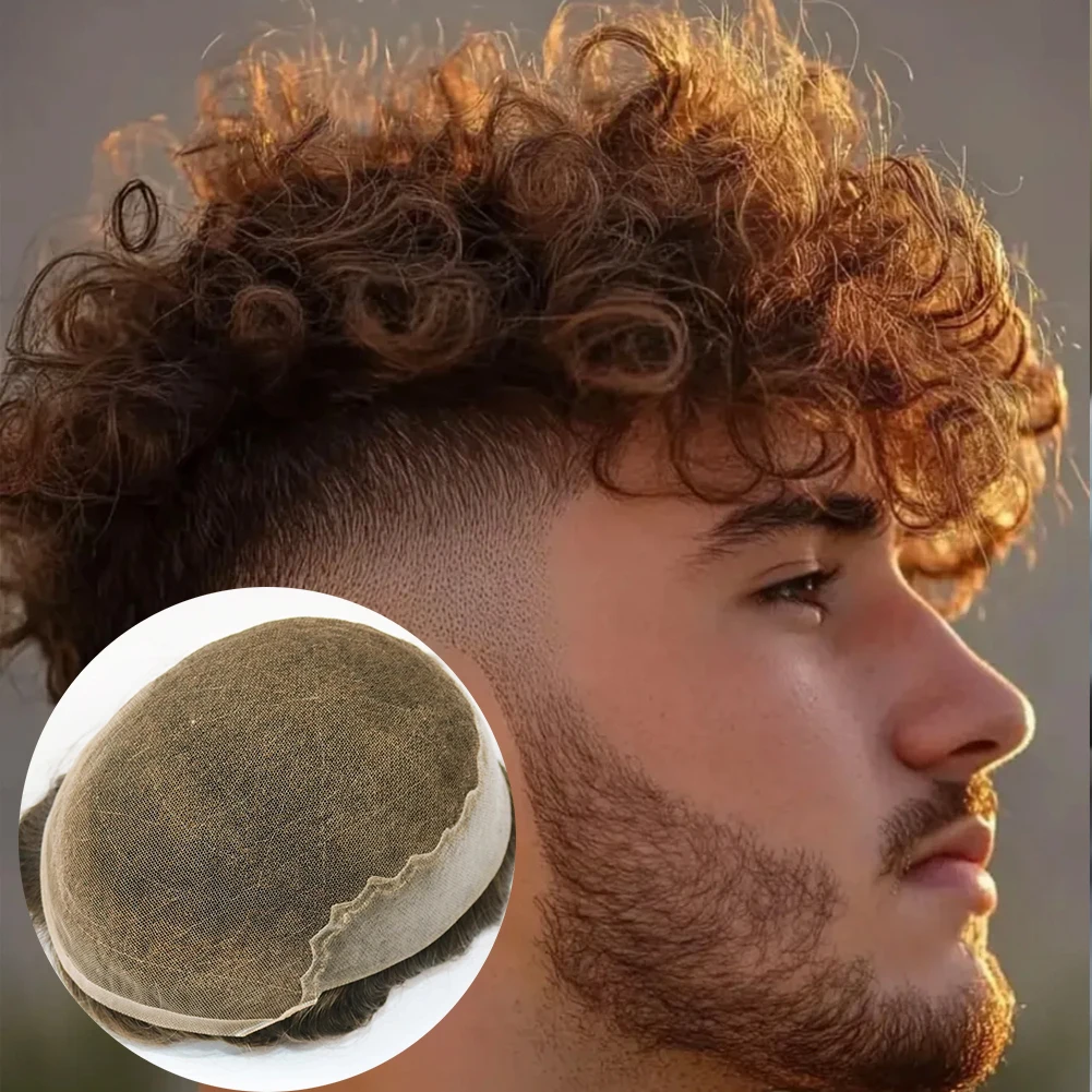 

#20 Ash Blonde 26mm Curly Q6 Natural Hairline Invisible Bleached Knots Lace&Pu Men's Toupee 1B40 1B80 Gray Human Hair Prosthesis