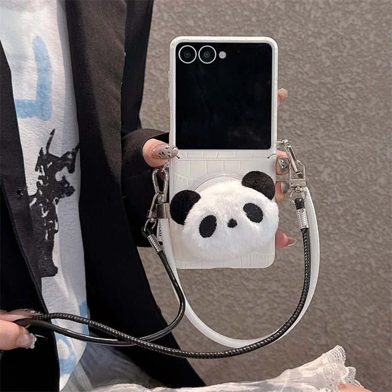 

Cute Cartoon Panda Magnetic Stand Phone Case For Samsung Galaxy Z Flip 7 6 5 4 3 ZFlip7 Cover with Lanyard Cases For Magsafe