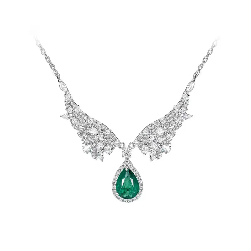 

High end silver 925 hollow out lace water droplet gemstone necklace light luxury fashion emerald collar chain wedding jewelry