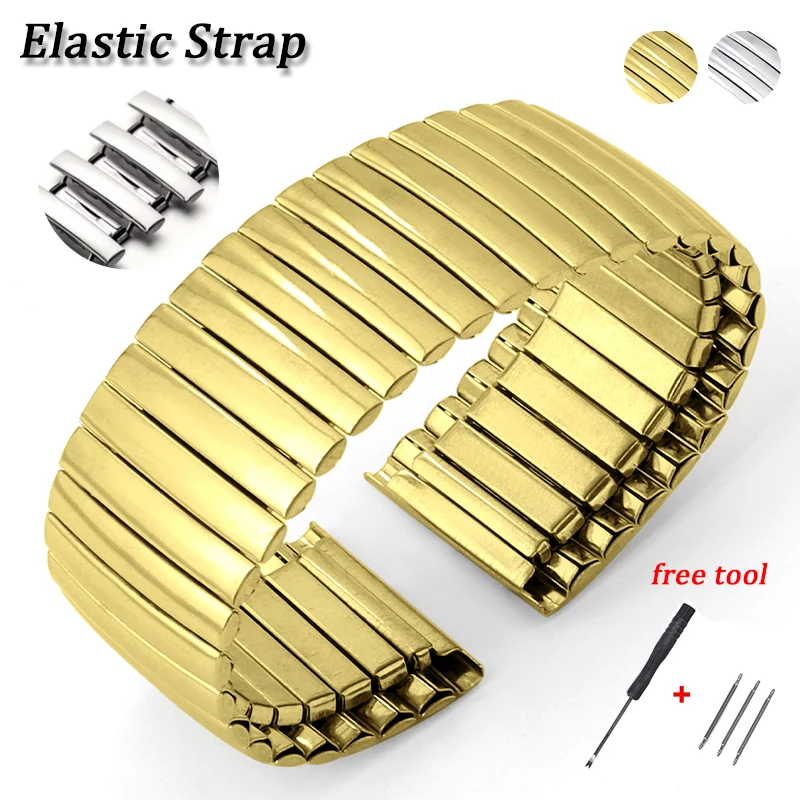 12mm 14mm 16mm 18mm 20mm 22mm Stainless Steel Strap Elastic Metal Stretch Expansion Watch Band Silver Gold Universal Bracelet