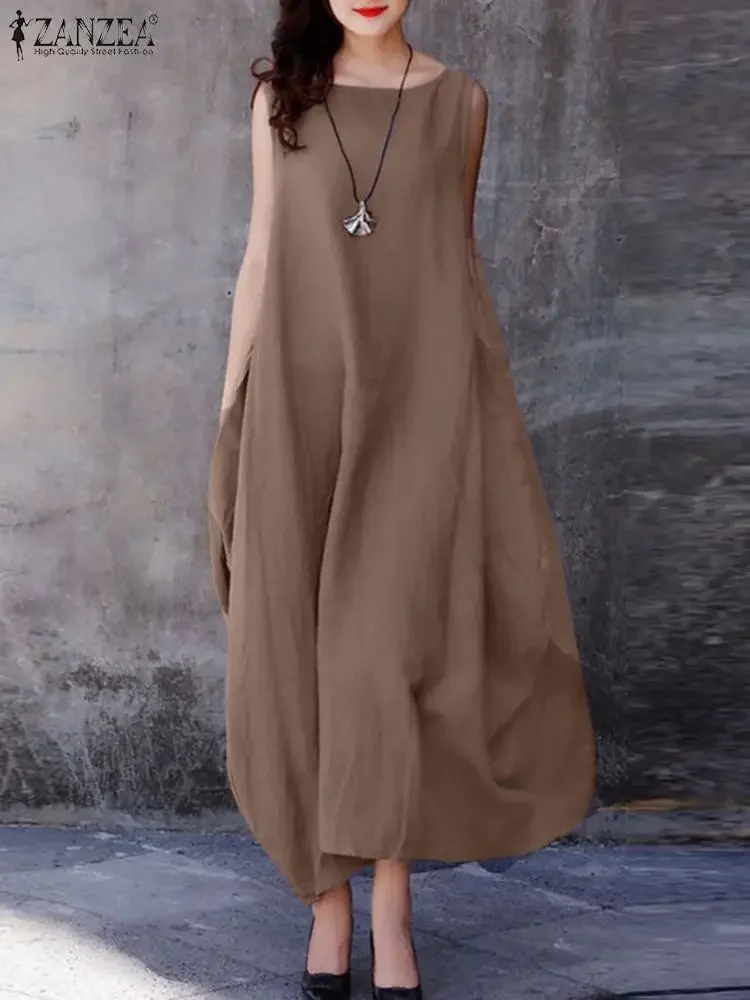 ZANZEA 2024 Fashion Summer Dress Women Holiday Oversized Maxi Dresses Casual Loose Solid Cotton Vestidos Sleeveless O Neck Robe