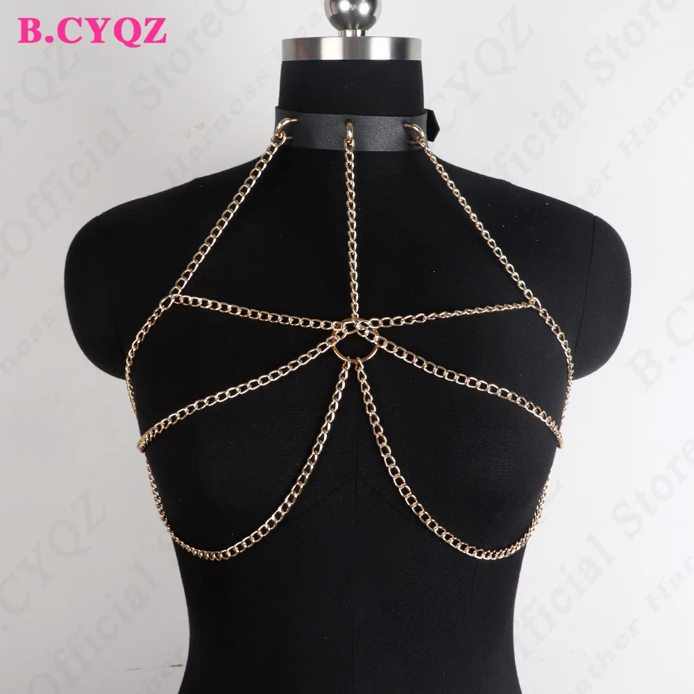 B.CYQZ Gold Chain Sexy Body Chain Bondage Goth PU Leather Garters  Harness Women Leg Suspender Lingerie Cage Set Rave Clothes