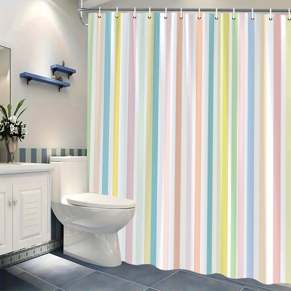

Soft Stripe Shower Curtain 180x180cm – Pastel Rainbow Colors, Minimalist Bathroom Decor Gift, 12 Hooks