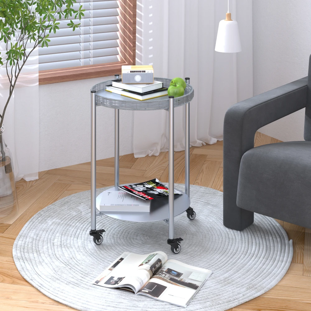 

Round Coffee Table with Wheels 2-Tier Movable Side Tables Silver Metal Detachable Bedside Nightstand