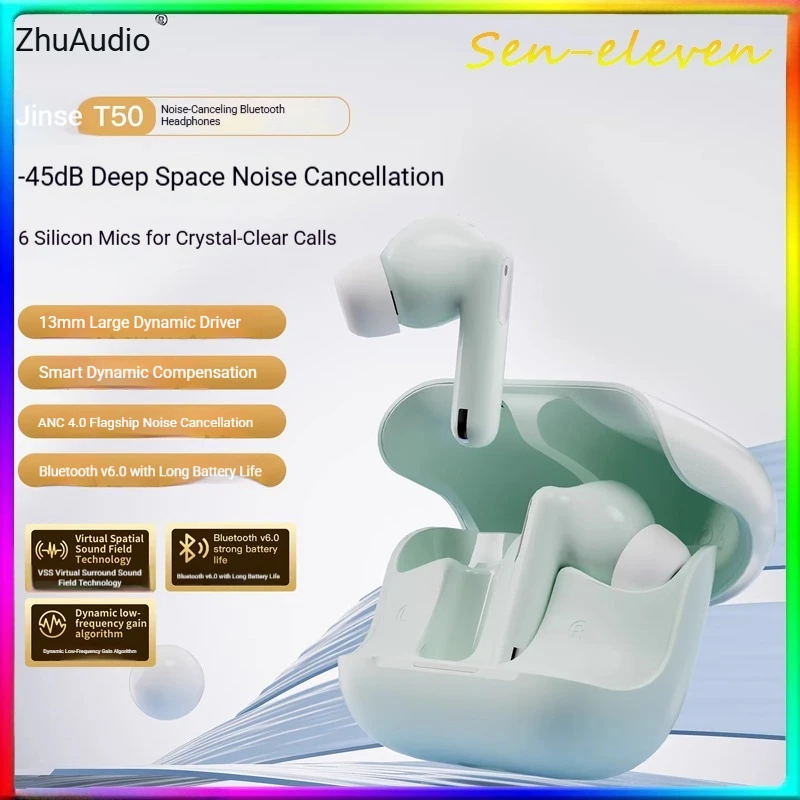 

Беспроводные Bluetooth-наушники Zhuliniao Jinse T50 ANC TWS с низкой задержкой для игр, Hi-Fi звук для офиса и поездок