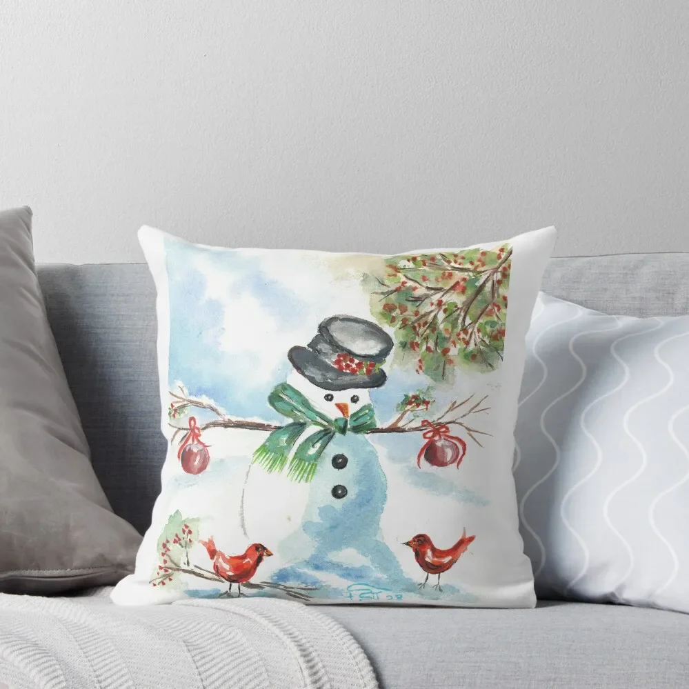 Snowmay with cardinals and Christmas Bulbs Throw Pillow Sofa Cushion Cover Decorative Cushions pillow