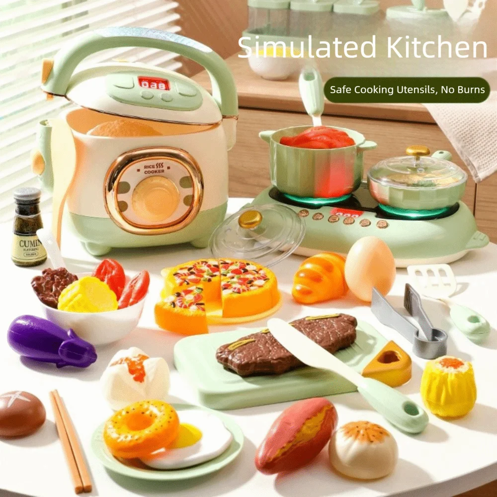 Acousto-Optic Spray Simulated Cooking Toys Electric Rice Cooker Toy Funny Mini Kitchen Kitchenette Playhouse Set Real Cooked