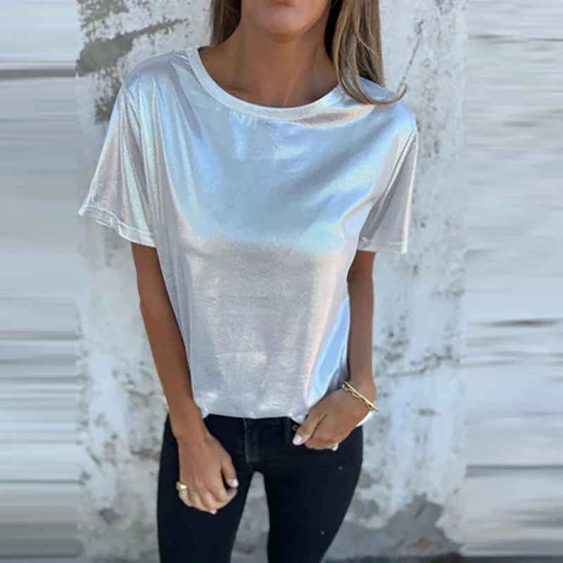 Spring And Summer Women\'s Short Sleeved Satin Shirt Loose Casual Round Neck T Shirt Simple Versatile Commuter T Shirt Tops