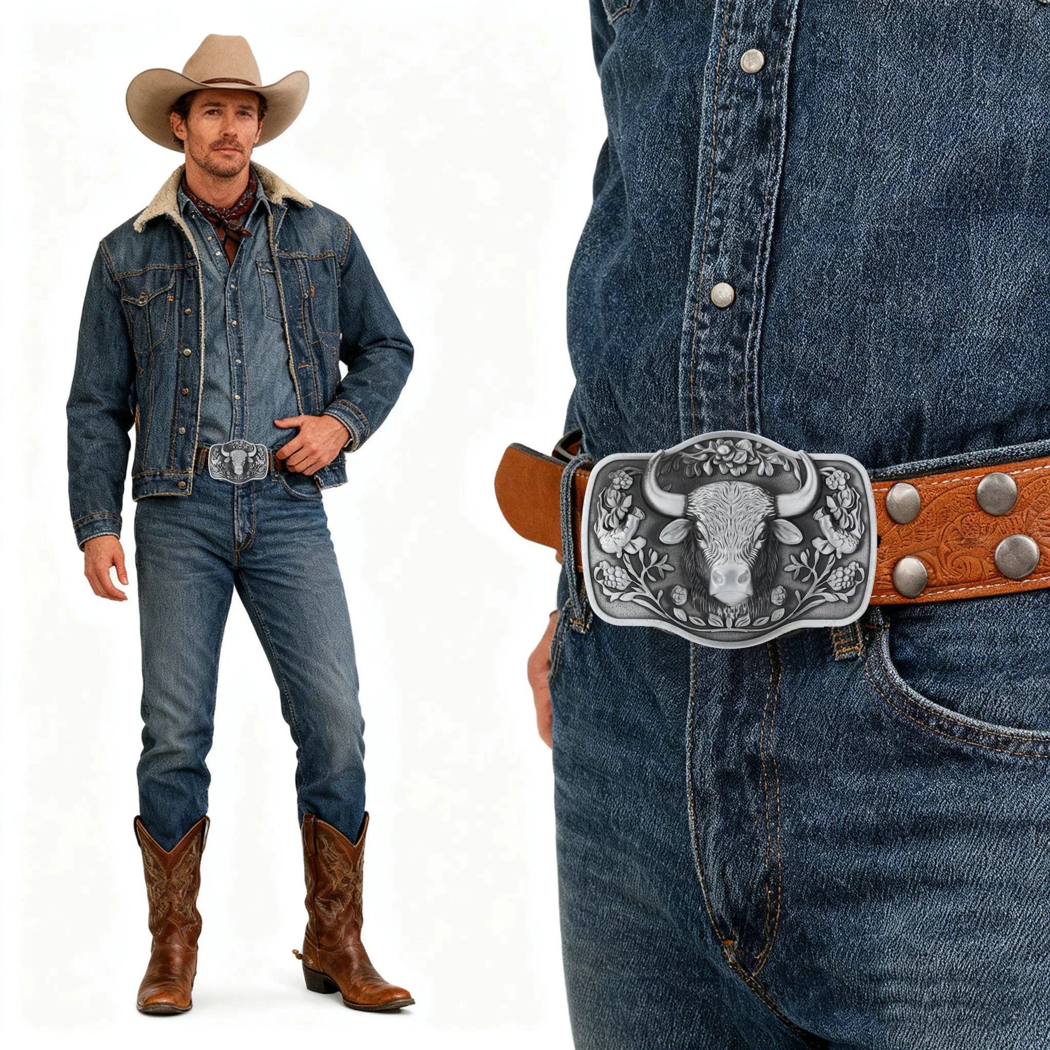 Antique Color Men Bull Buckle Cowboy Cowgirl Country Embossed Leather Western Belts Buckle for Woman for Jeans