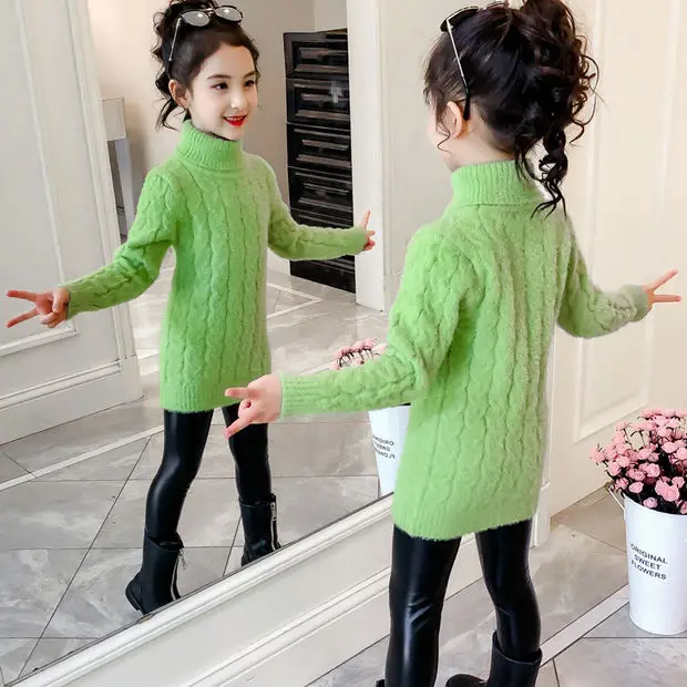 Girl's Knit Sweater with Fluffy Thickened High Neck Pullover 2025 New Trendy Mink-Style Fleece Base Layer Top