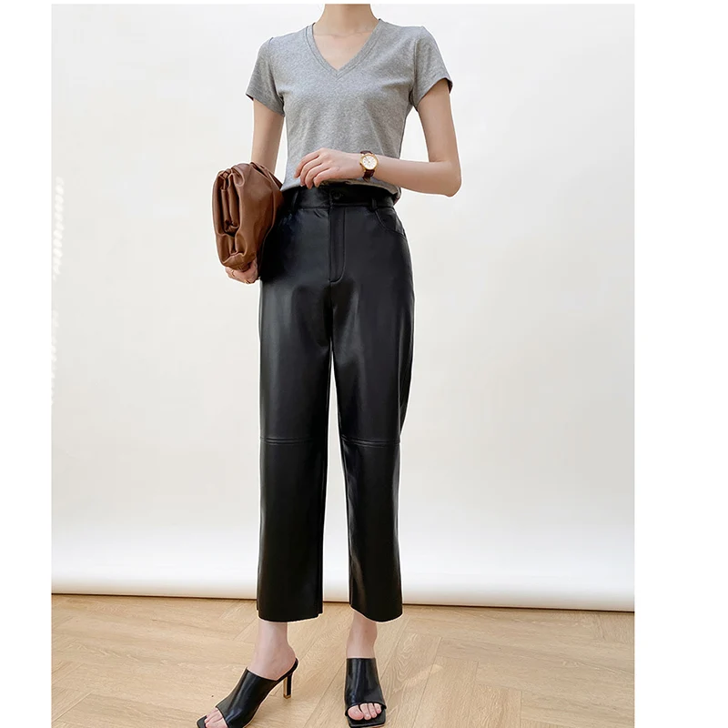 Imagem -03 - Calça de Couro Reta de Alta Elasticidade Feminina Roupa Fina Cintura Alta Combina com Tudo Moda Simples Pontos Início do Outono 2023