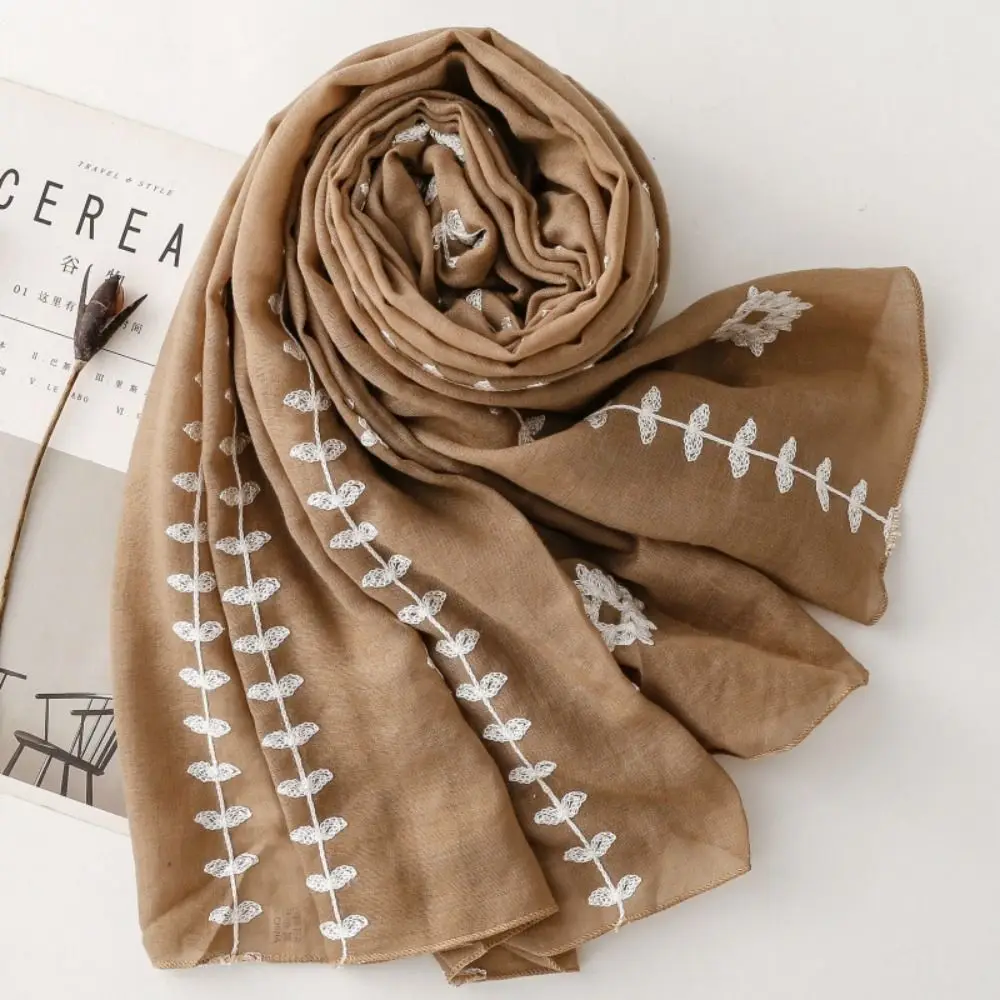 

All-match Long Embroidery Flower Scarf Large Yarn Printed Silk Scarf Cotton Thin Floral Hijab Beach