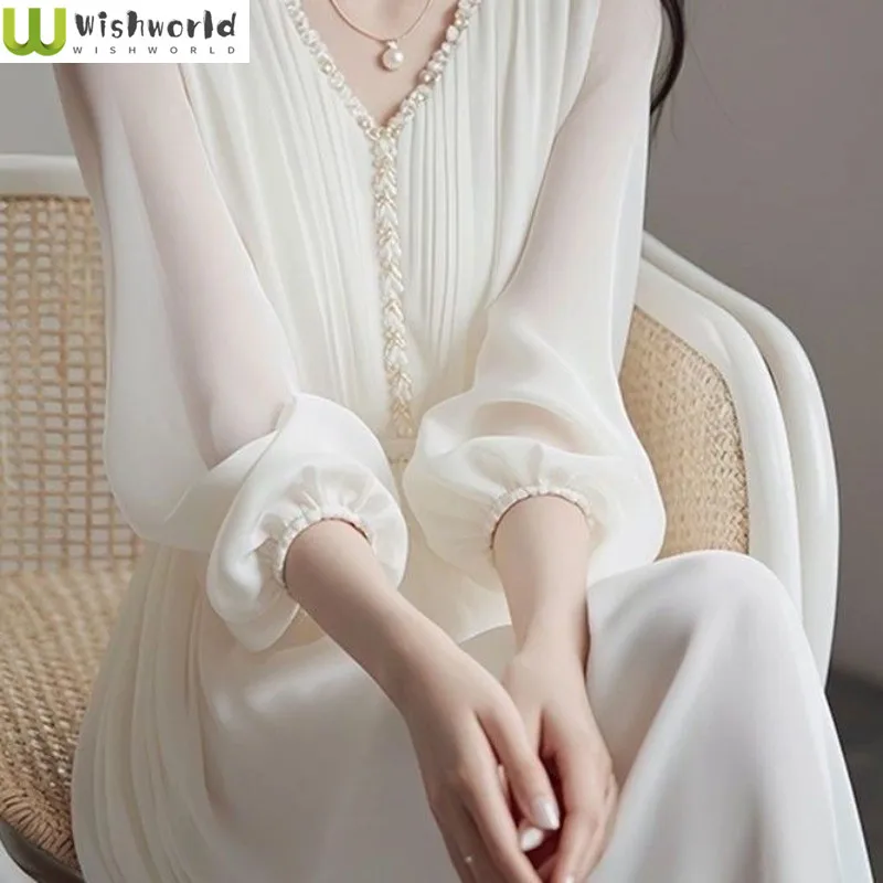 

High End V-neck Dress for Women in Spring and Autumn 2025 Mid to Long Length Style Slim Fit Simple Long Sleeved Dress