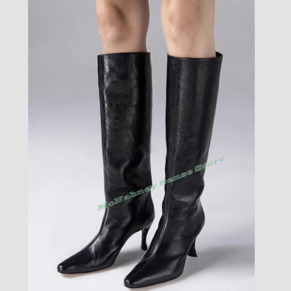 Strange Style Knee High Boots Solid Leather Slip On Matte Women Boots Spring Autumn Party Pointy Toe Shoes Designer Casual New