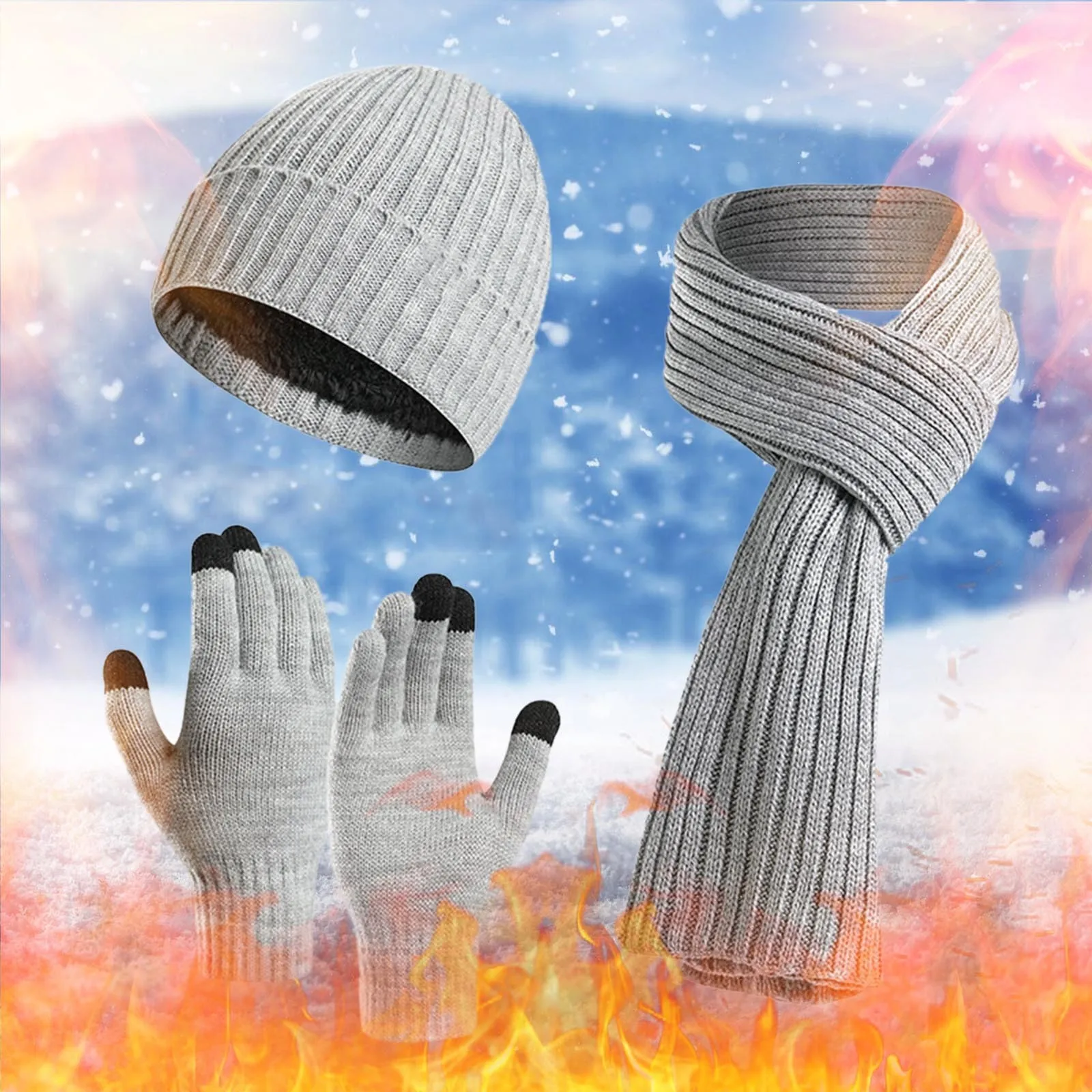 

3pcs Winter Set for Women Thick Knit Fleece-lined Beanies Gloves Set Female Cute Fur Pompom Winter Hats Scarf Gloves Set