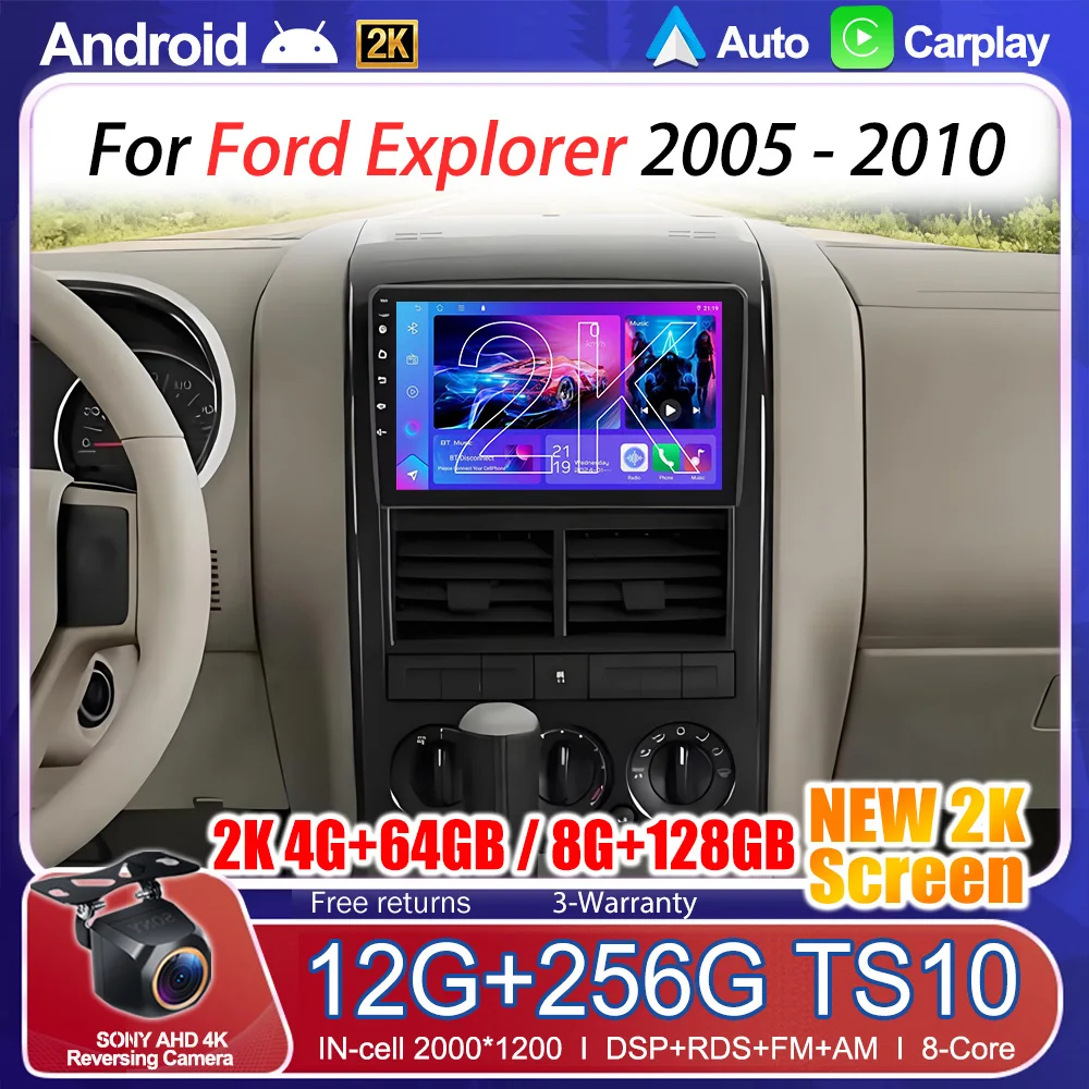 Android 16 Car Radio For Ford Explorer 2005 - 2010 2K QLED Carplay Auto Gps Navigation 2 Din Stereo Video Player Autoradio Rds