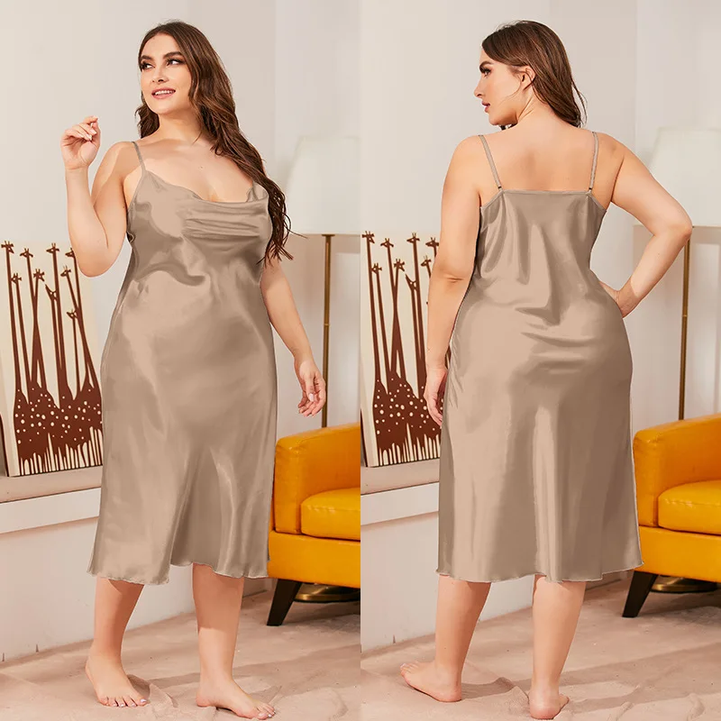 Sexy Women Plus Size Spaghetti Strap Nightgown Summer Satin Solid Home Wear Loose Intimate Lingerie Nightwear Chemise Nightdress