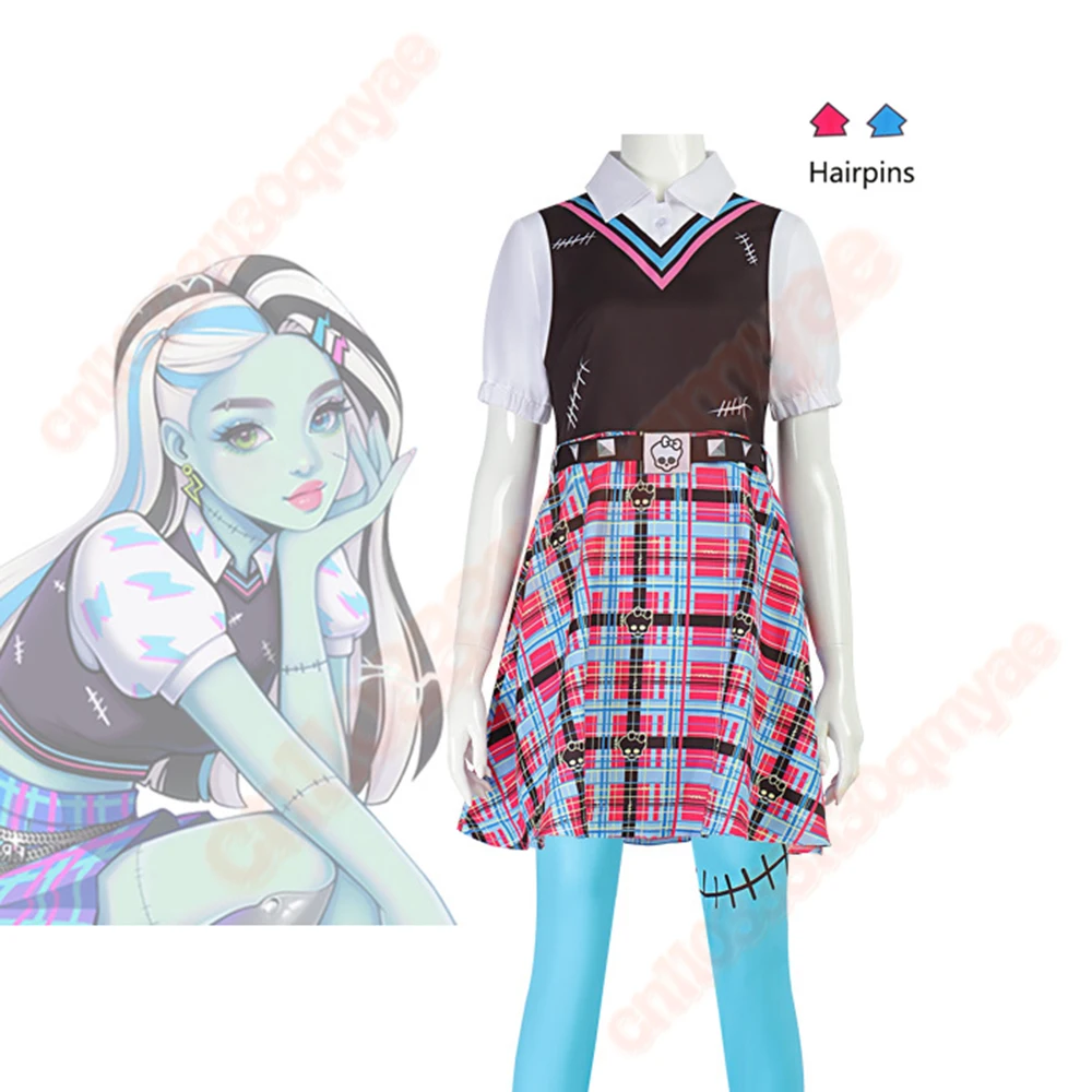 

Frankie Stein Cosplay Monster High Costume Short Sleeve Dress with Belt School Uniform Halloween Party for Woman