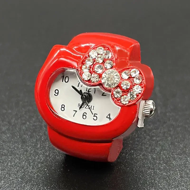 Kawaii Hello Kitty Watch Ring Sanrio Cartoon Creative Diamond Watch Adjustable Ring for Women Birthday Gifts Girls Jewelry