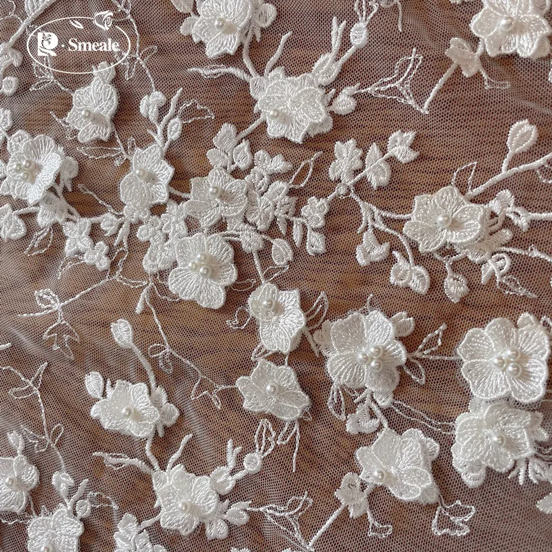 Beaded Bridal Lace Fabric, Exquisite Applique, Handmade, DIY, Off White, Decorative, Wedding