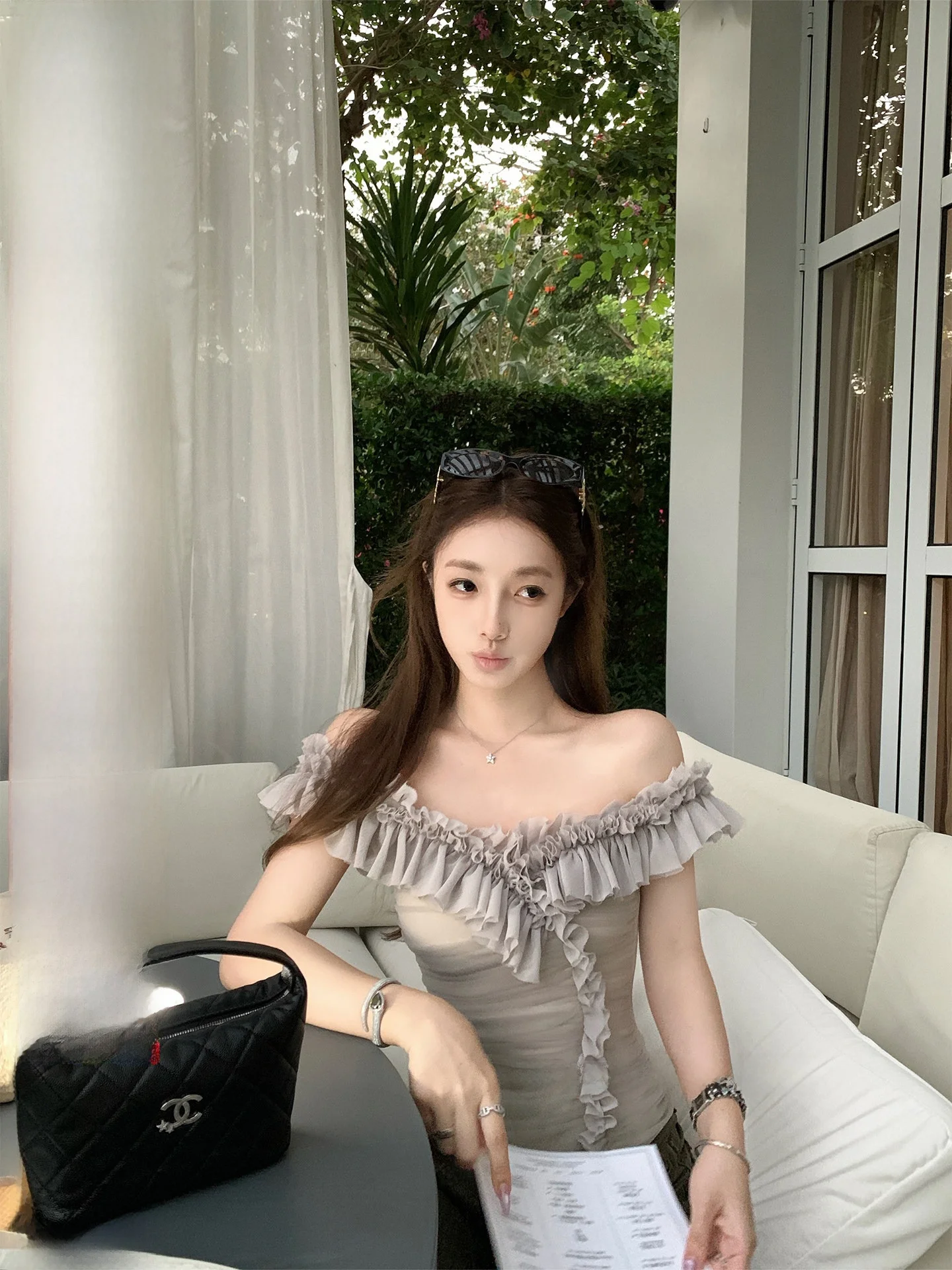 

Cocoa Chestnut Bankelili Dream Fragrance Song Irregular Ruffle Elastic Multiwear Vest Strap Casual Style Short Sleeve Women's...