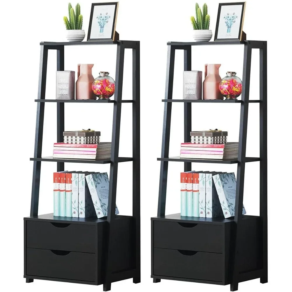 

Black 2PCS 4 Tiers Ladder Bookshelf Bookcase 2 Drawers Books Photo Frames Potted Plants Vases Ornaments Display Rack Open Storag