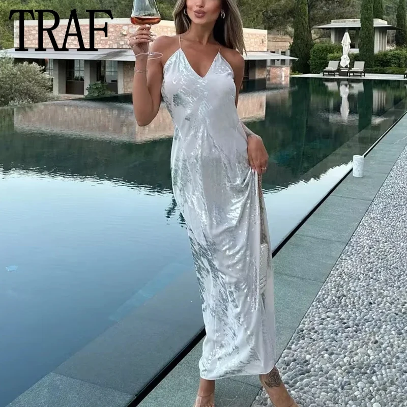 TRAF 2023 Silver Long Dress Women Sexy Slip Backless Dress Woman Shiny Sleeveless Summer Party Dresses Night Evening Dresses