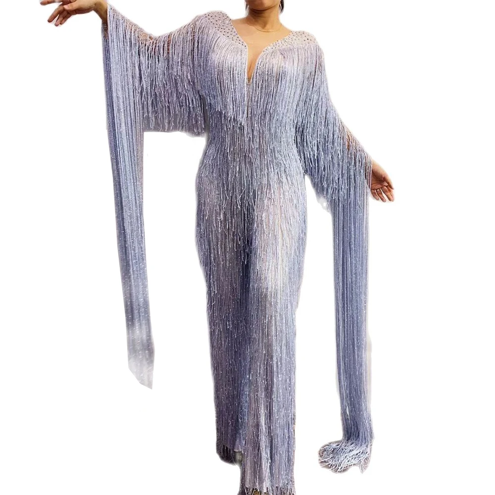 Shining Silver Fringes Floor-Length Sleeve Women Jumpsuits Mesh Perspective Playsuit Singer Stage Wear Evening Prom Costumes