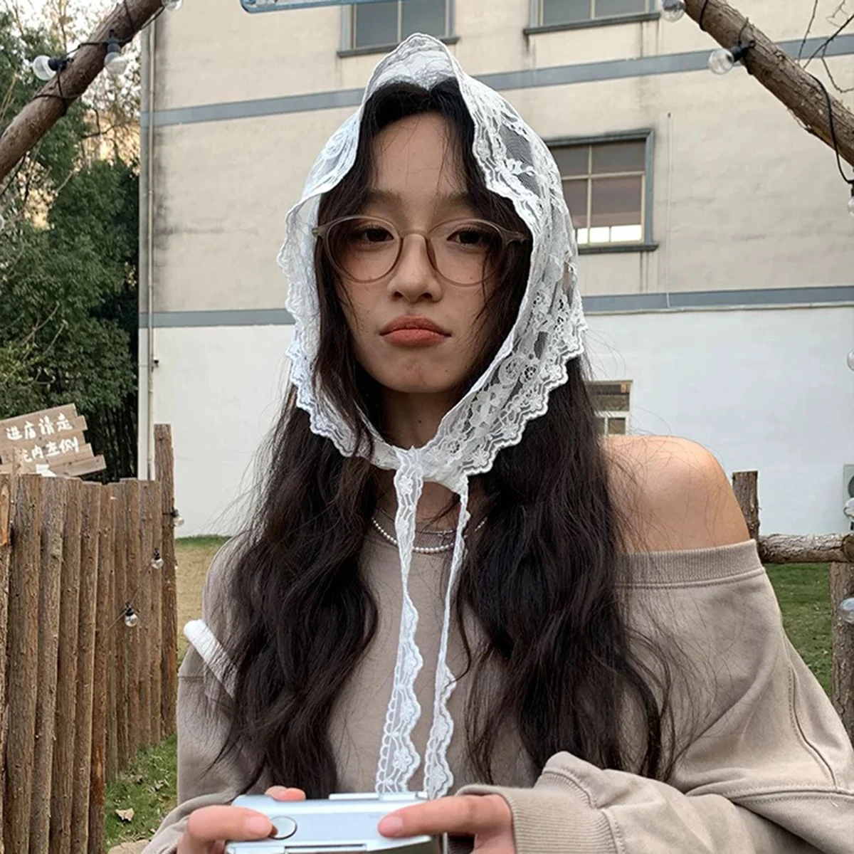 AWAYTR Summer White Woven Floral Lace Hair Scarf Wraps Women Retro Triangle Headscarf Hat Travel Photo Headband Hair Accessories