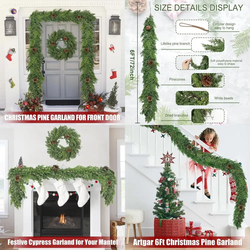 

6-Foot Realistic Cypress Christmas Garland with Pinecones for Outdoor and Indoor Holiday Decor