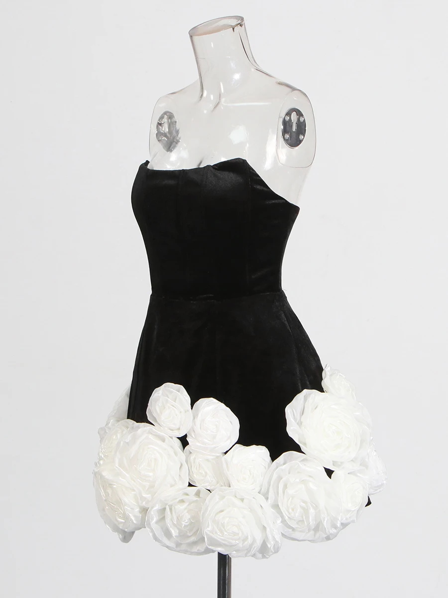 TWOTWINSTYLE Colorblock Spliced 3D Flower Luxurious Dresses for Women Strapless Sleeveless Patchwork Zipper Elegant Dress Female