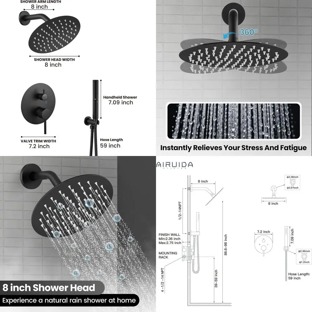 

8 Matte Black Wall-Mounted Shower Set with High-Pressure Brass Handheld and 8 Rainfall Head