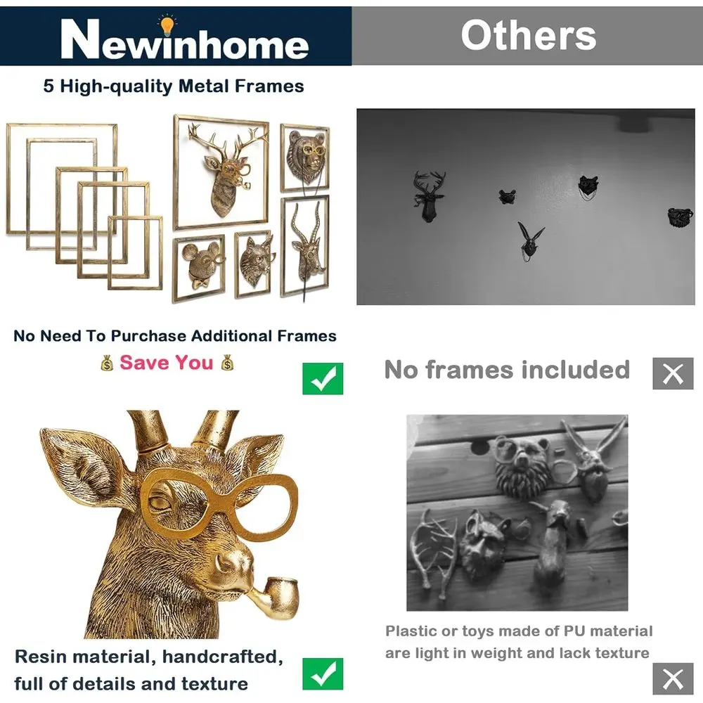 Vintage Gold Animal Heads Wall Art Set - 5 Resin Sculptures with Metal Frame for Home Decor