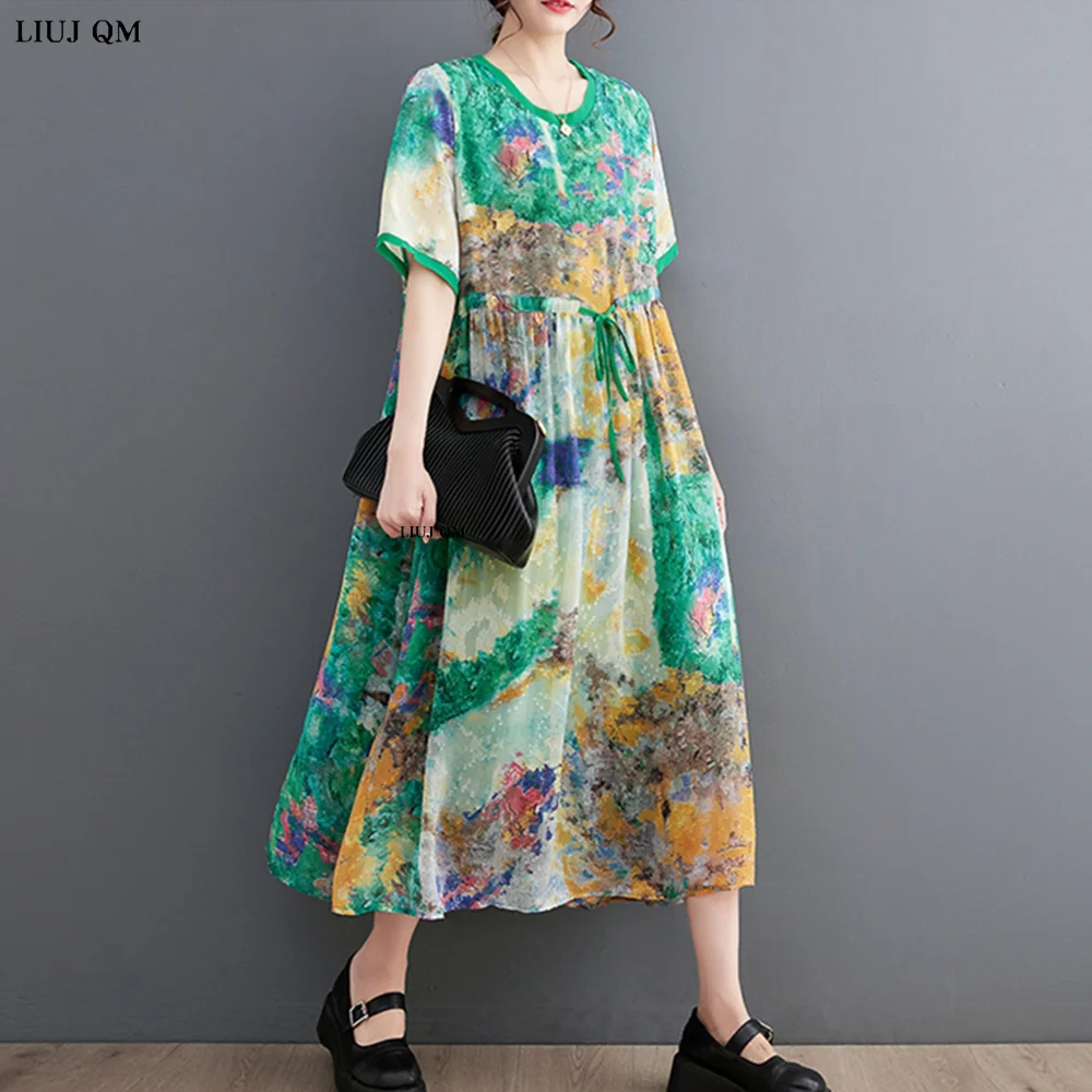 2023 plus size verão vestidos de impressão para as mulheres manga curta solta casual vintage vestido moda elegante roupas de verão