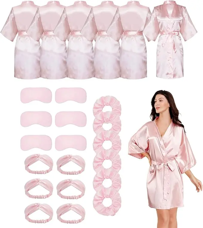Bride Bridesmaid Robes Set of 6 Short Silky Satin Robes Bulk Women Kimono for Wedding Bridal Birthday Spa Party